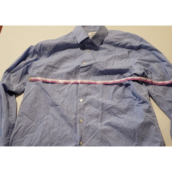 Mens Calvin Klein Size 16.5 Slim Fit Button Down Blue Checked Long Sleeved Shirt - Picture 2 of 9